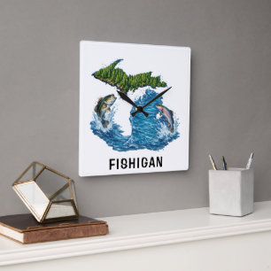 Grafik zum US-Bundesstaat Michigan mit Fisch Quadratische Wanduhr