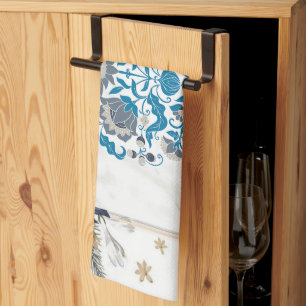 Grafikarbeit, Aquamariner Mandala-Blumenrahmen Geschirrtuch