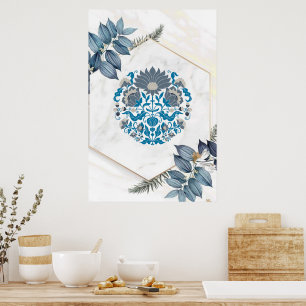 Grafikkunst, Aquamarine Blumenschrift Mandala Illu Poster