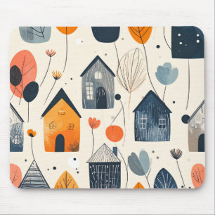 Grafiklandschaft mit Häusern und Blumen Mousepad