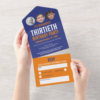 Grafisch-orangefarbenes Foto rund 30. Geburtstag All In One Einladung