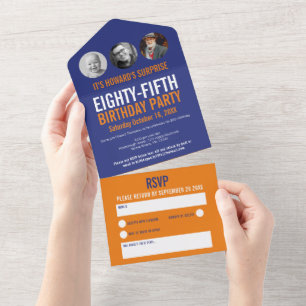 Grafisch-orangefarbenes Foto rund 85. Geburtstag All In One Einladung