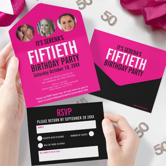 Grafisch-rosa schwarze Foto umkreist 50. Geburtsta All In One Einladung (Von Creator hochgeladen)