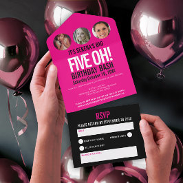 Grafisch-rosa schwarze Foto umkreist 50. Geburtsta All In One Einladung
