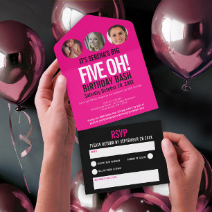 Grafisch-rosa schwarze Foto umkreist 50. Geburtsta All In One Einladung