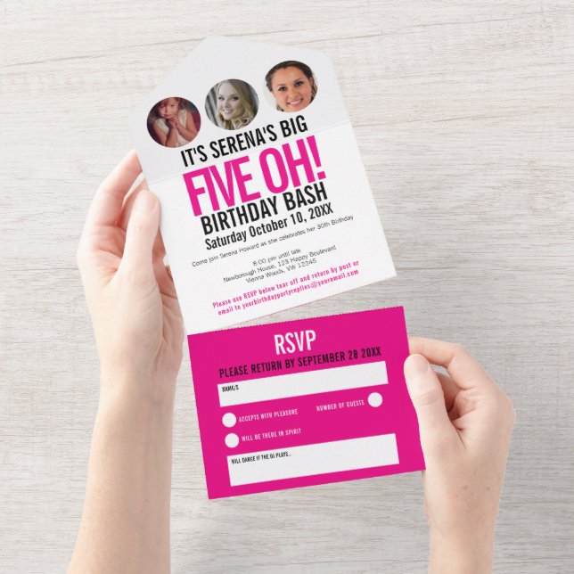 Grafisch-rosa schwarze Foto umkreist 50. Geburtsta All In One Einladung (Abreißen)