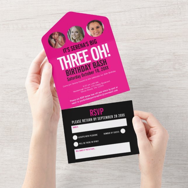Grafisch rosa schwarzes Foto rund um den 30. Gebur All In One Einladung (Abreißen)