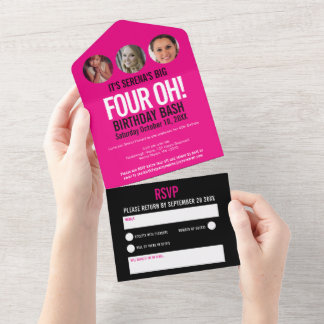 Grafisch rosa schwarzes Foto umkreist 40. Geburtst All In One Einladung