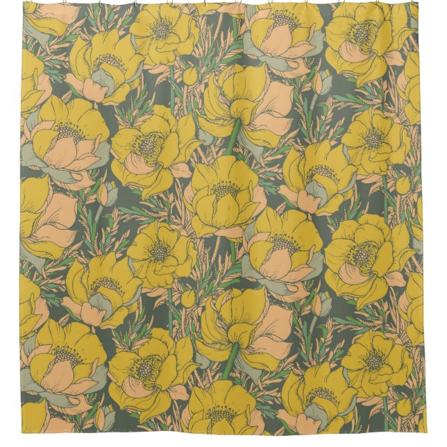 Grafische Frühlingstrollius-Blume Duschvorhang (Vorderseite)