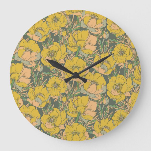 Grafische Frühlingstrollius-Blume Große Wanduhr (Vorderseite)