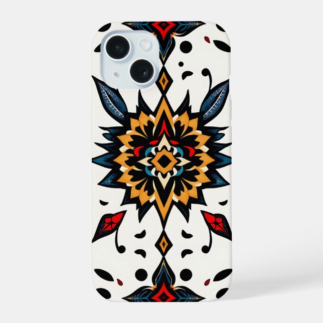 Grafische Handykhusetik im Folk-Art-Stil iPhone 15 Hülle (Rückseite)