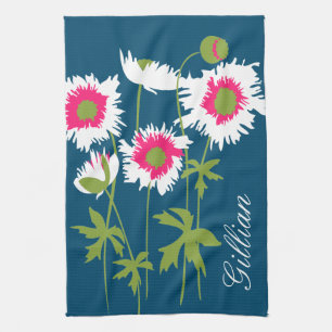 Grafische Mohnblumen in weiß rosa grün blau Geschirrtuch