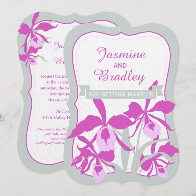 Grafische Orchideenhochzeit lila-grün einladen Einladung (Vorne/Hinten)