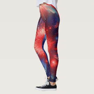 Grafische rote, weiße und blaue Feuerwerke in Wolk Leggings