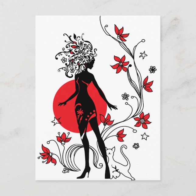 Grafische Silhouette einer Frau im Blumenhintergru Postkarte (Vorderseite)
