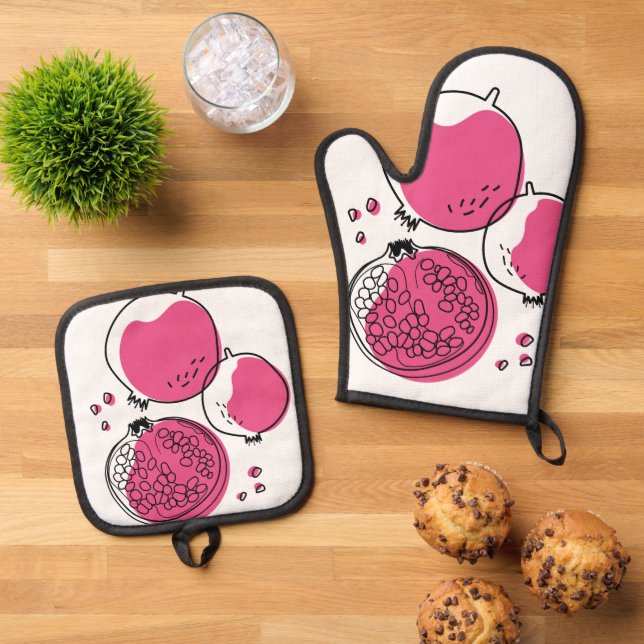 Grafischer Granatapfel. Ofenhandschuh & Topflappen-Set (Oben Unten)