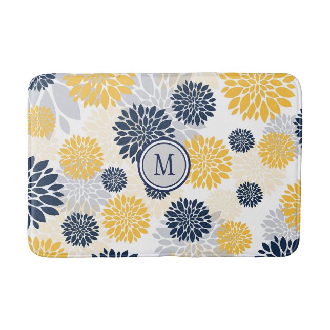Grafisches Muster der Navy Blue Gold Blume Badematte (Vorderseite)