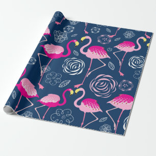 Grafisches Muster rosa Flamingos auf dunkelblau b Geschenkpapier