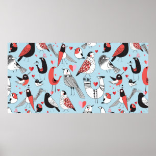 Grafisches nahtloses Muster lustiger Vogelbilder Poster