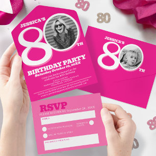Grafisches rosa Foto in der 0 zum 80. Geburtstag All In One Einladung