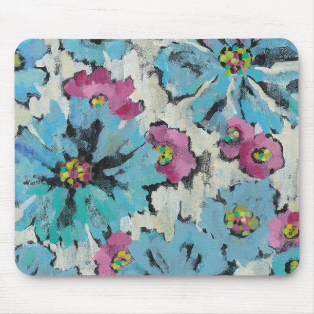 Grafisches rosa und blaues Blumen Mousepad (Vorne)