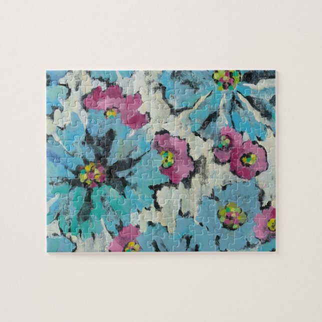 Grafisches rosa und blaues Blumen Puzzle (Horizontal)