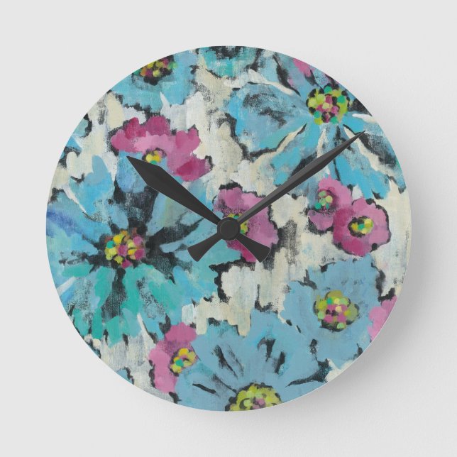 Grafisches rosa und blaues Blumen Runde Wanduhr (Vorderseite)
