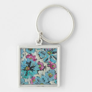 Grafisches rosa und blaues Blumen Schlüsselanhänger
