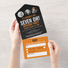 Grafisches schwarz-orangefarbenes Foto rund um den All In One Einladung