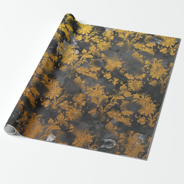 Grafit Grau Gold Schwarz Floral Grungy Chic Geschenkpapier (Ungerollt)