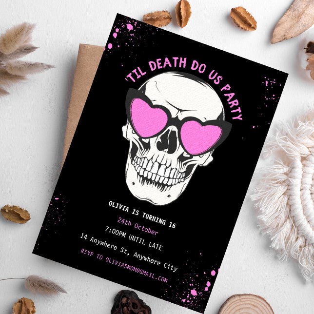 Grafitti Black and Pink Skull Party Einladung (Black and Pink Skull Birthday Party Invitation)