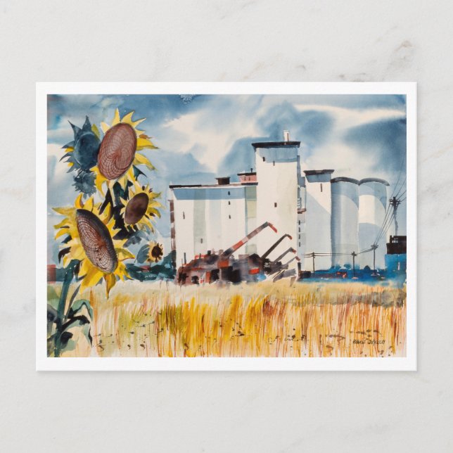Grain Elevator mit Sonnenblumen Postkarte (Vorderseite)
