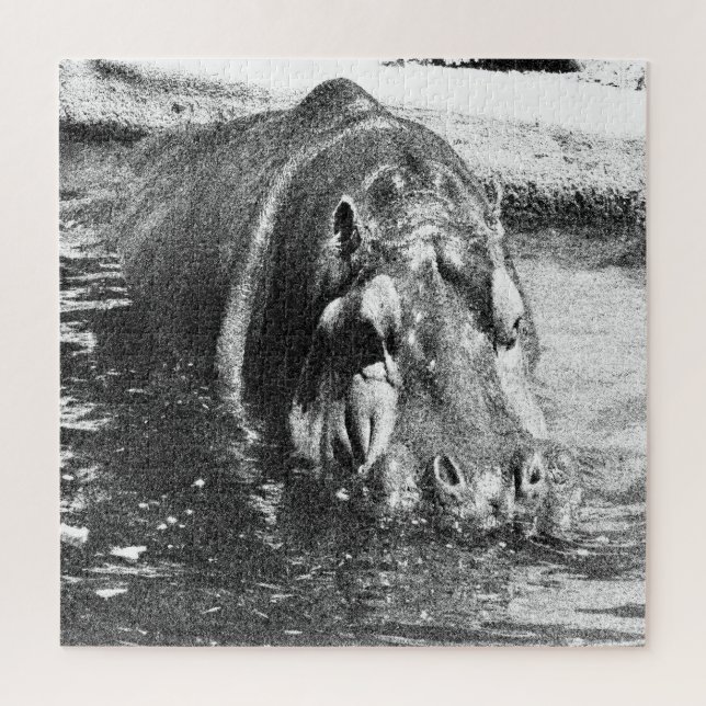 Grainy Schwarz-weiß Hippo Art, Jigsaw Puzzle (Vertikal)