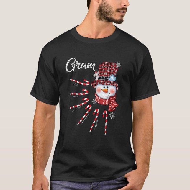 Gram Snowman Candy Cane Christmas Red Kariert Hat T-Shirt (Vorderseite)