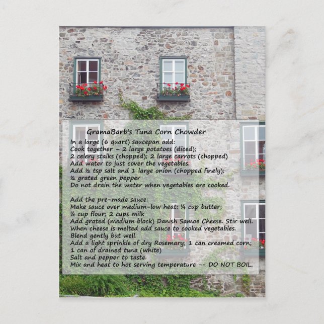 GramaBarb's Thunfisch-Mais-Chowder-Rezept Postkarte (Vorderseite)
