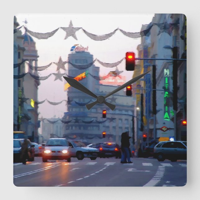 Gran Vía de Madrid en Navidad Quadratische Wanduhr (Vorderseite)
