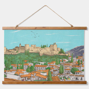 Granada Cityview Spanien Landschaftsbild Wandteppich Mit Holzrahmen
