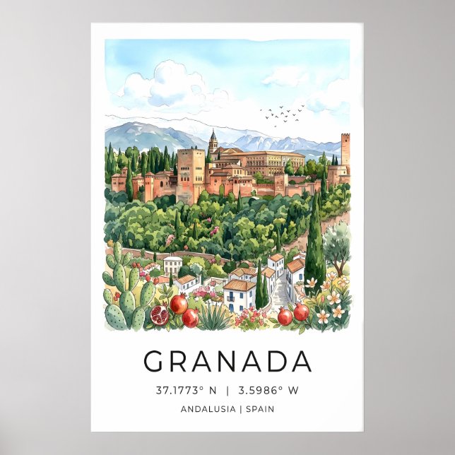 Granada-Reiseposter im Wasserfarbenstil Poster (Vorne)