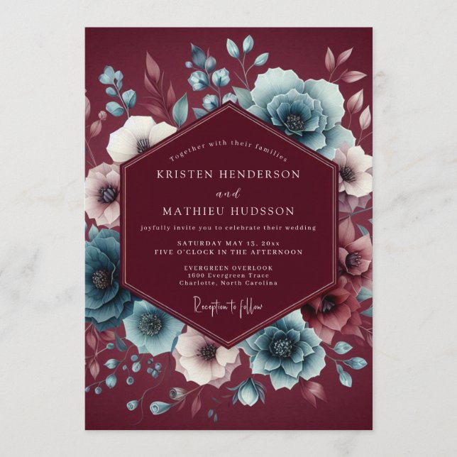 Granat-Schiefer Moody Bloom Hochzeit Einladung (Vorderseite)