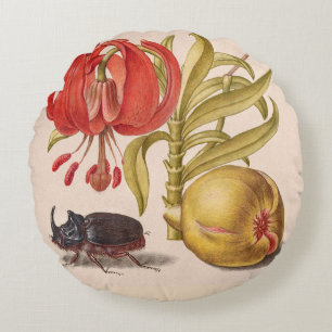 Granatapfel, Blume, Obst und Rhinozeros Rundes Kissen