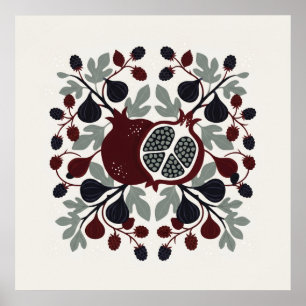 Granatapfel-Feigen-Blackberry-Botanikkranz-Kunst Poster
