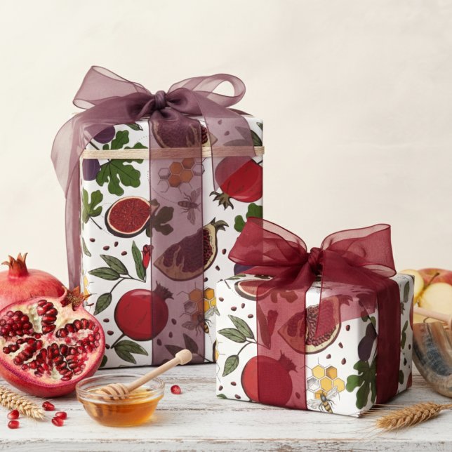 Granatäpfel, Feigen und Honigbienen Geschenkpapier (Pretty Botanical Pomegranate Fruit, Figs, Honey Bees, Honeycomb Wrapping Paper. Jewish Rosh Hashanah)
