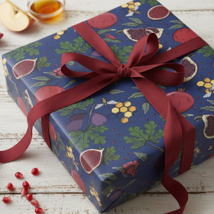 Granatäpfel, Feigen und Honigbienen in Marineblau Geschenkpapier