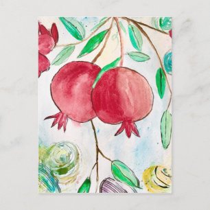 Granatapfel Frucht Aquarell rot und grün Postkarte