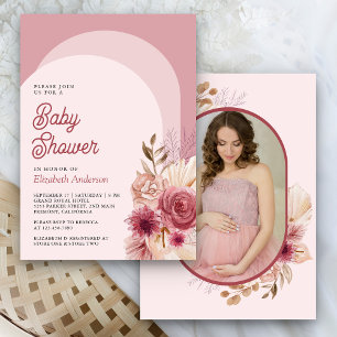 Granatapfel-Rosa Florale Pampas-Foto-Baby-Party Einladung