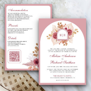 Granatapfel Rosa Florale Pampas QR Code Hochzeit Einladung
