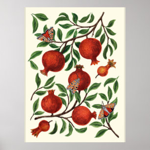 Granatäpfel und Bella Moths auf weißem Boden Poster