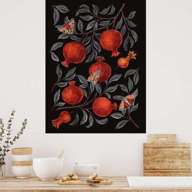 Granatäpfel und Bella-Motten in Rot und Grau Poster (Küche)