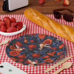 Granatapfel und Kolibris/blaue Blätter auf schwarz Pappteller