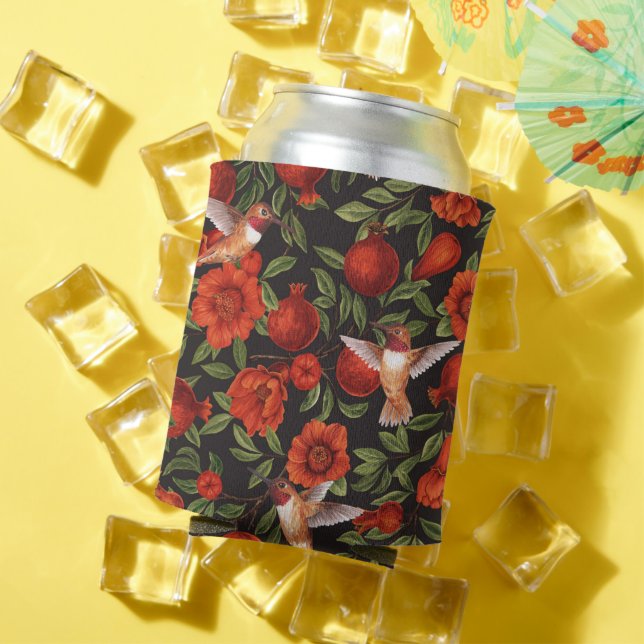 Granatäpfel und Kolibris/grüne Blätter auf Blau Dosenkühler (In Situ Sommer)